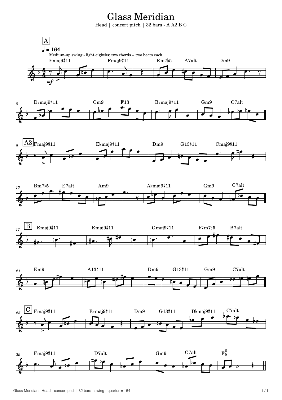 First page of the Glass Meridian lead sheet