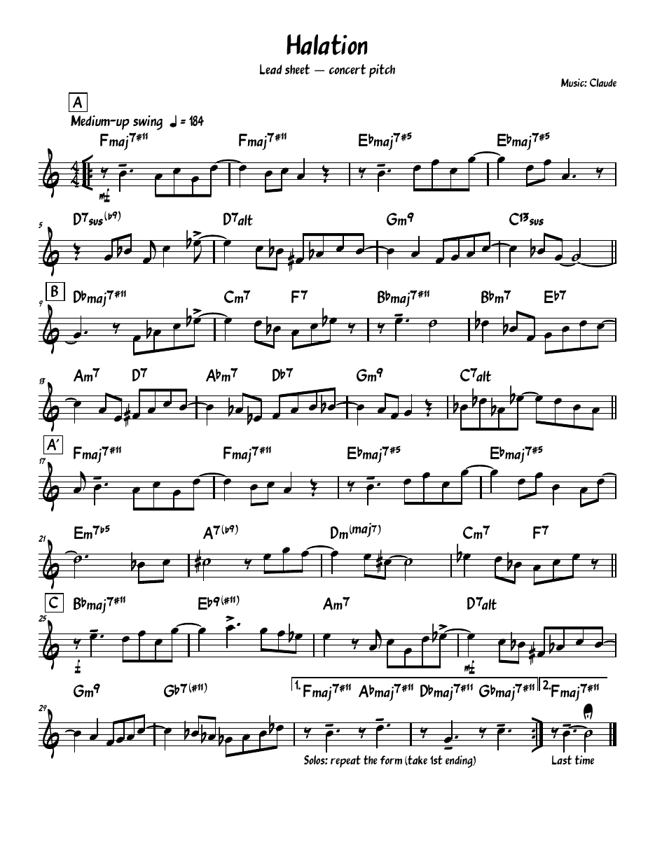 First page of the Halation lead sheet